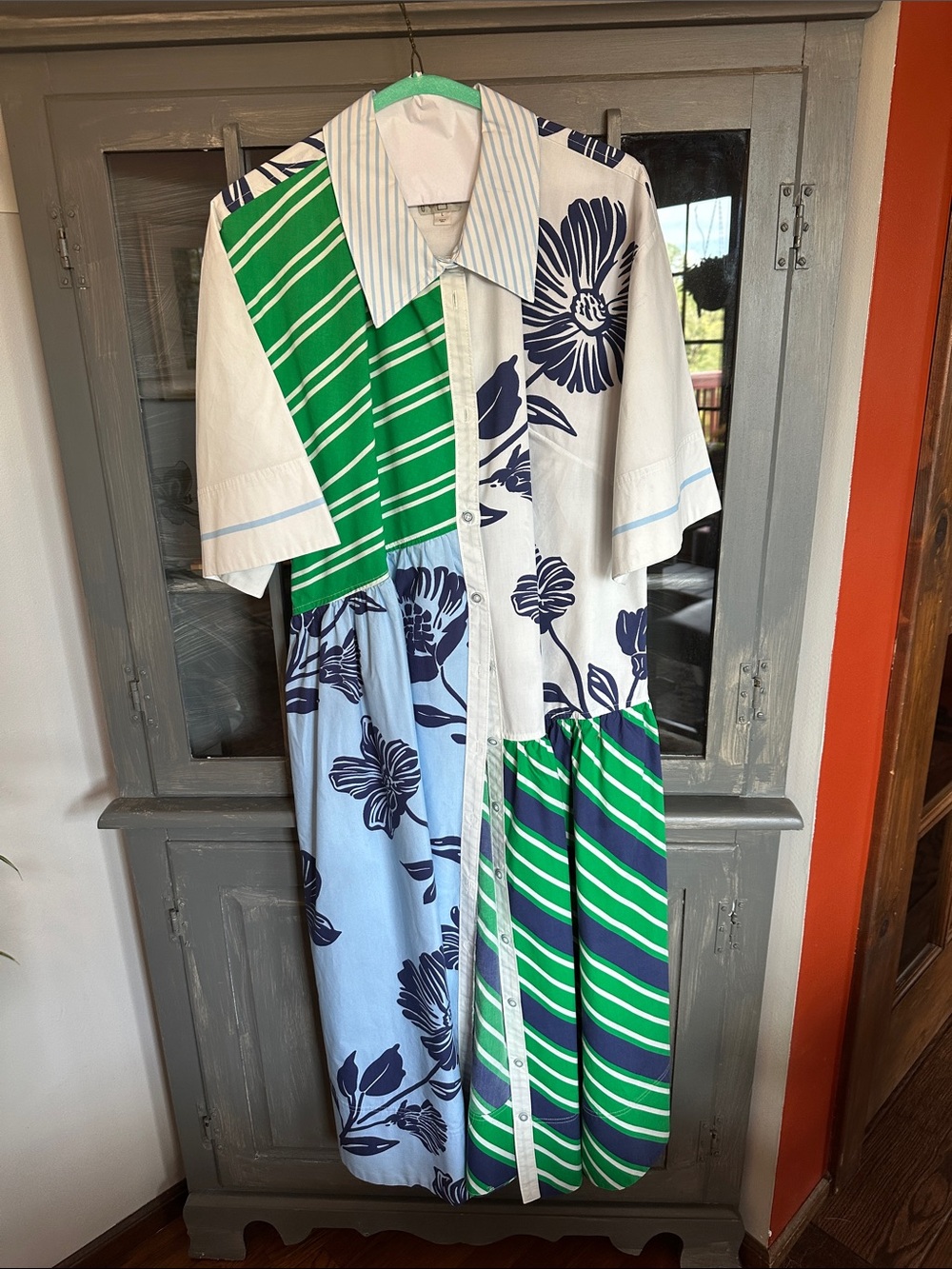 Anthropologie Mixed-Print Button-Front Jumpsuit in Green, Blue, White